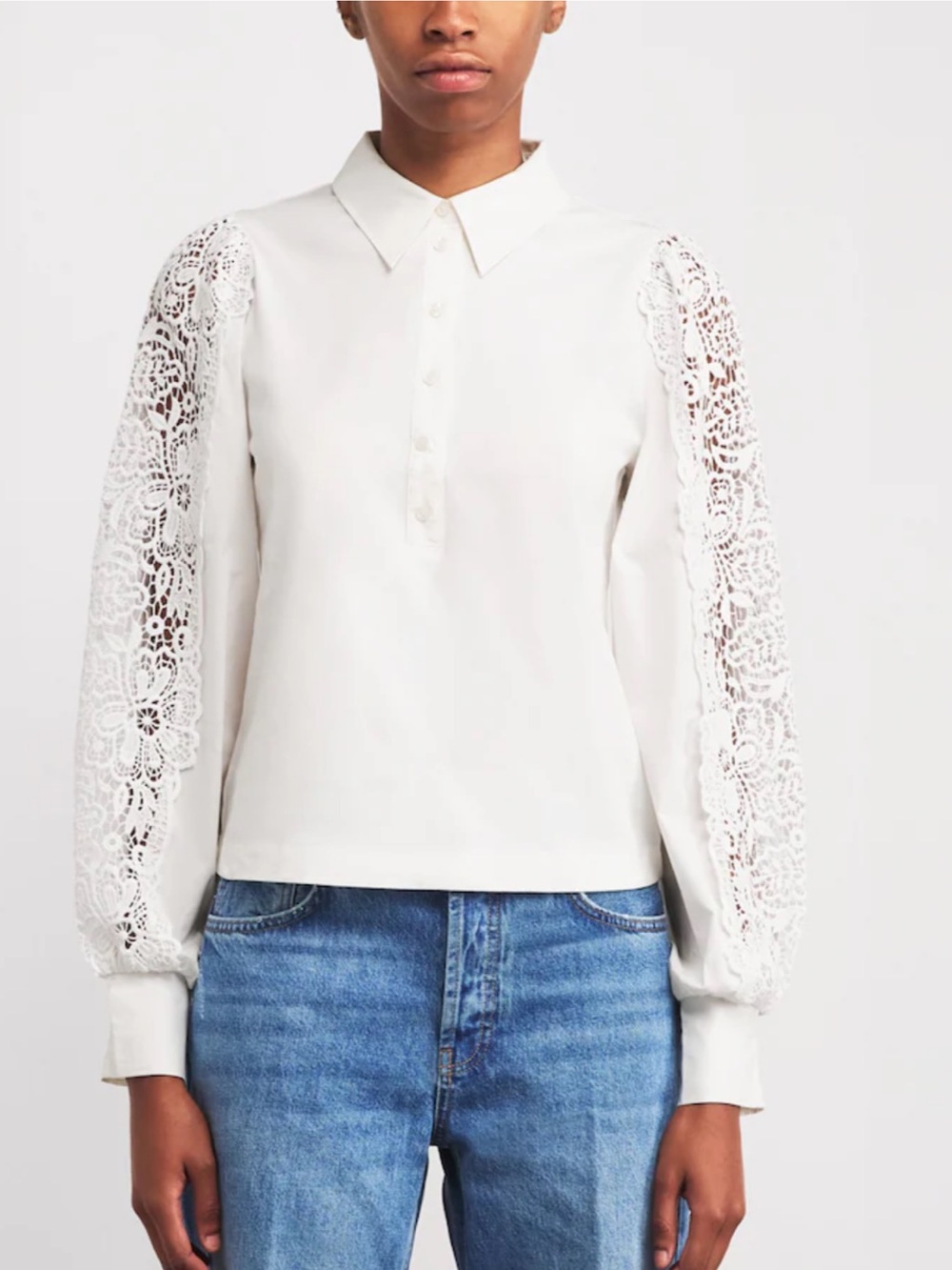 ME+EM White w Lace Details Long Sleeve Cotton Layering Blouse Top Sz. 6